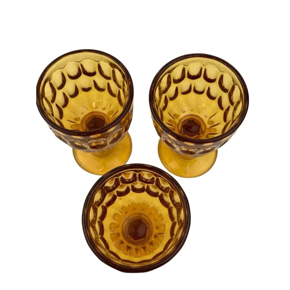 *3-Vintage Fenton Colonial Goblet Amber Glass MCM Thumbprint Mid Century